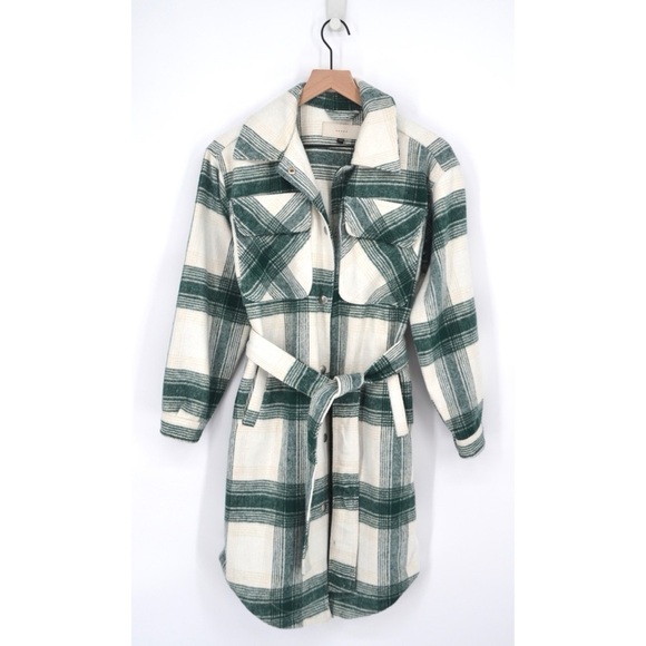 Blank NYC Plaid Long Belted Shirt Jacket Shacket Green White Women's XS - Picture 1 of 9